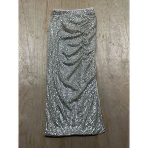 WILDFOX sequin ruched side slit midi skirt Gold Sz S Lined Pull on Elastic Waist